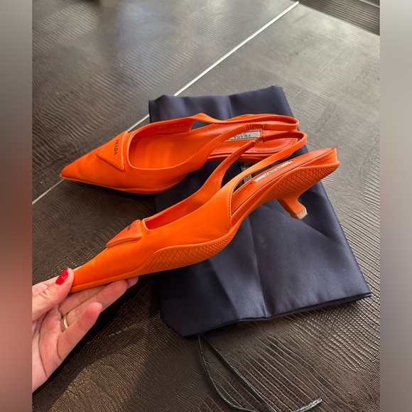 Prada Orange Logo-detailed Nylon Slingback Pumps Size US 8.5 EUR 39 Pre-Owned - Picture 9 of 16